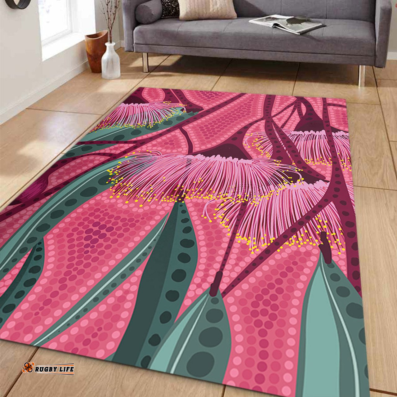 Australia Flowers Aboriginal Area Rug - Aboriginal Dot Art Of Australian Native Eucalyptus Tree Branch Area Rug