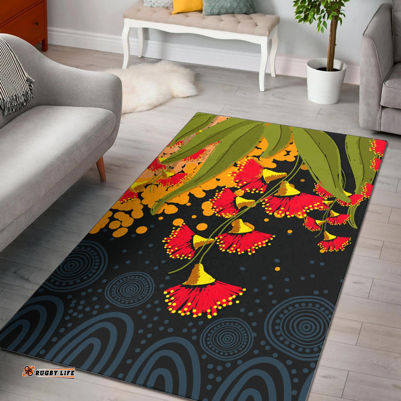 Australia Aboriginal Inspired Area Rug - Red Bottle Flower Aboriginal Inspired Dot Painting Style