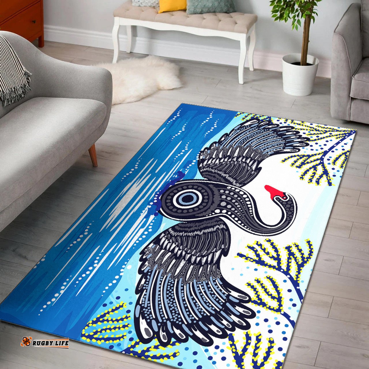 Australia Aboriginal Inspired Area Rug - Aboriginal Inspired art vector painting with black swan