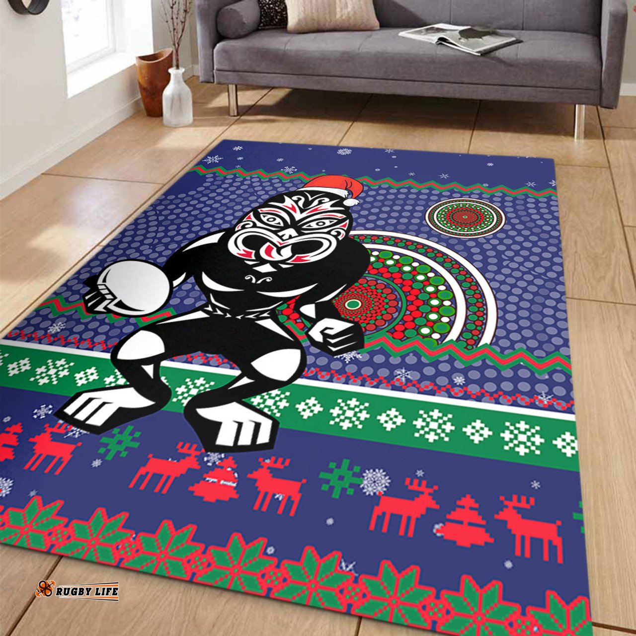 New Zealand Warriors Area Rug - Australia Ugly Xmas With Aboriginal Patterns For Die Hard Fans