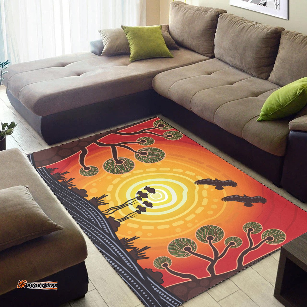 Australia Aboriginal Inspired Area Rug - Tree On The Hill, Aboriginal Style Of Background Depicting Nature