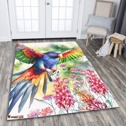 Australia Rainbow Lorikeets Area Rug - Rainbow Lorikeets Flying With Grevillea Flowers Art Area Rug