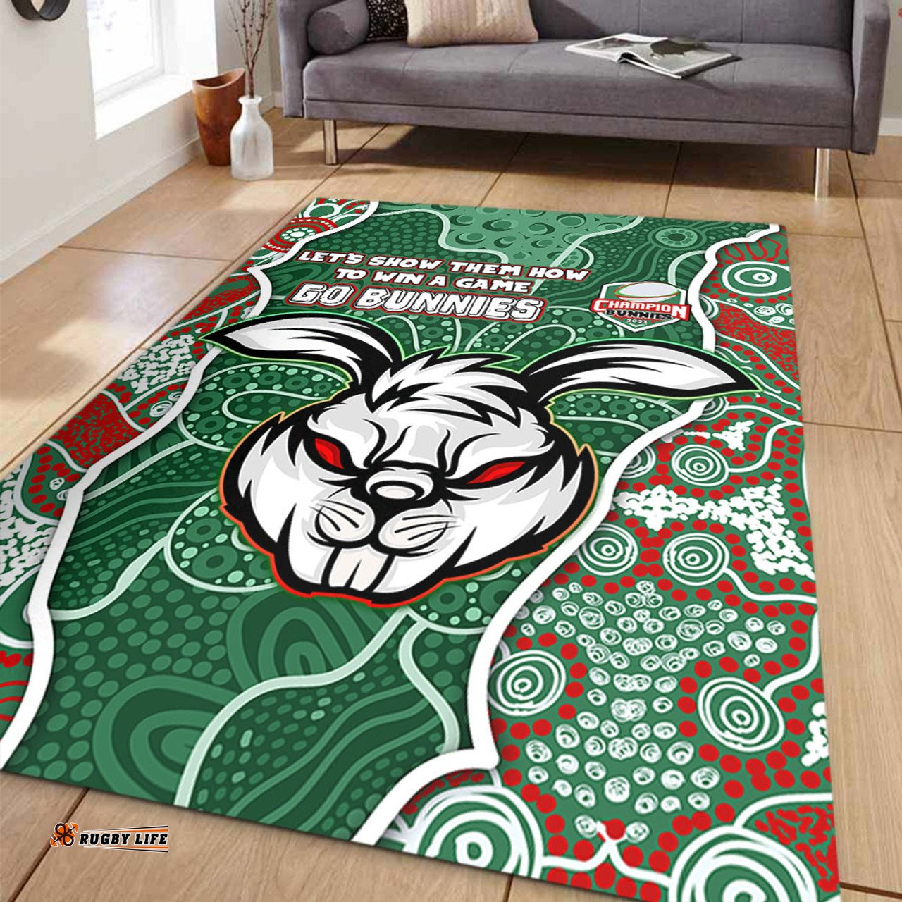 South Sydney Rabbitohs Grand Final Custom Area Rug - Custom Rabbitohs With Contemporary Style Of Aboriginal Painting Area Rug