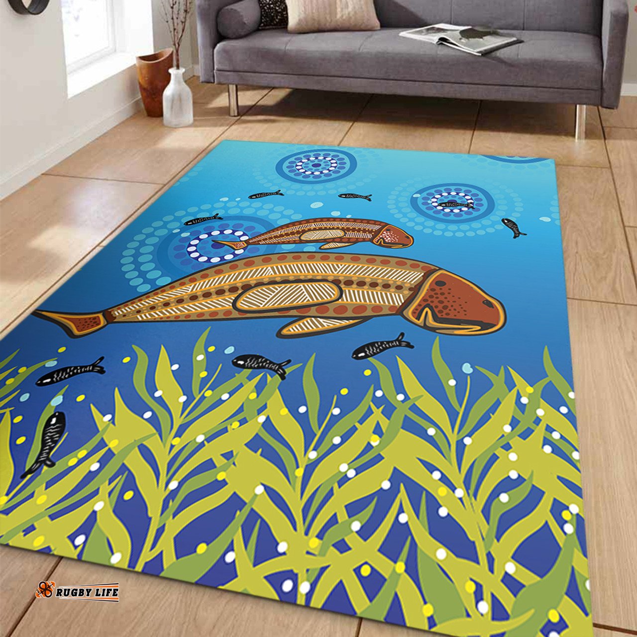 Australia Aboriginal Area Rug - Mother And Baby Dugong Aboriginal Art Inspired Area Rug