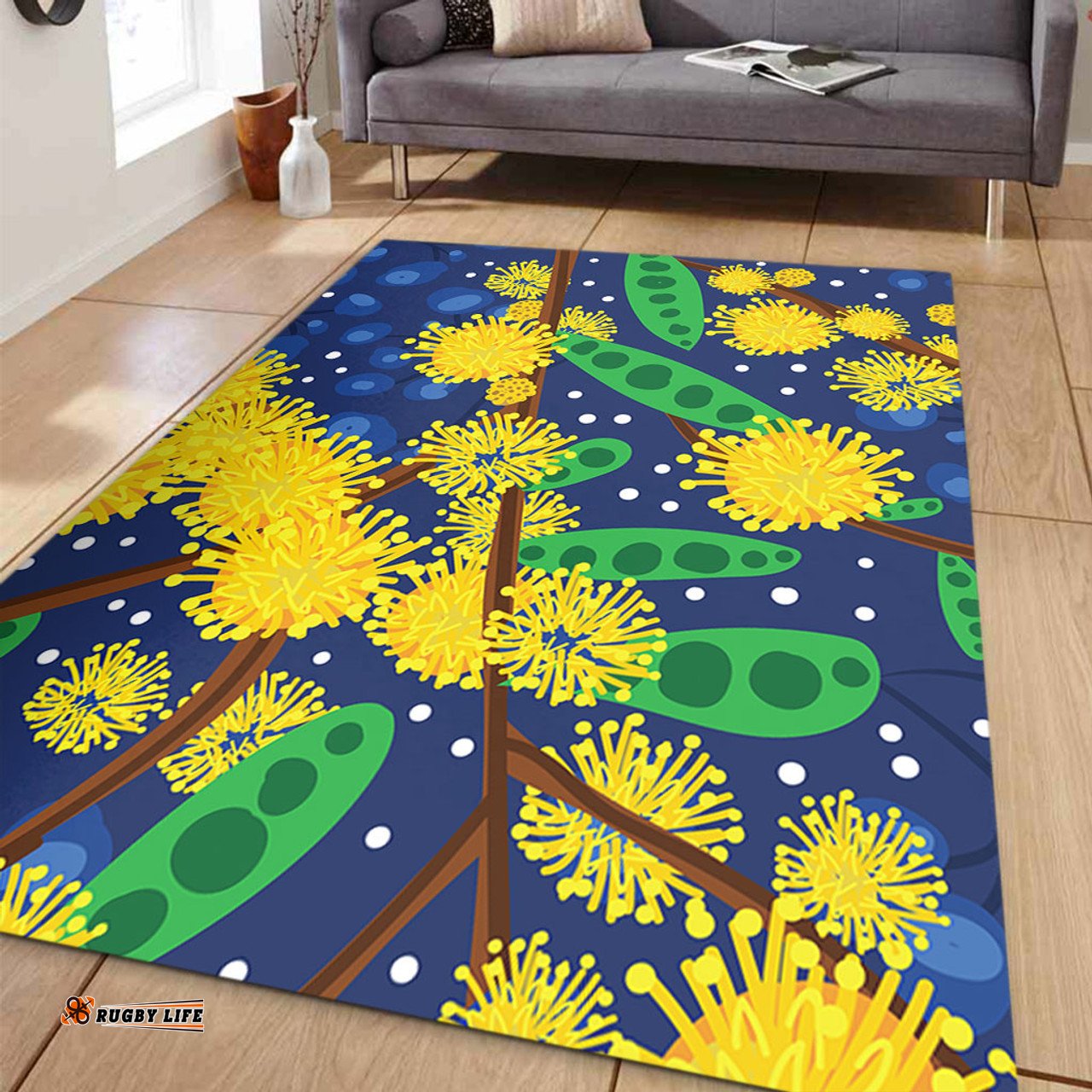 Australia Aboriginal Area Rug - Australian Yellow Wattle Flower Artwork Area Rug