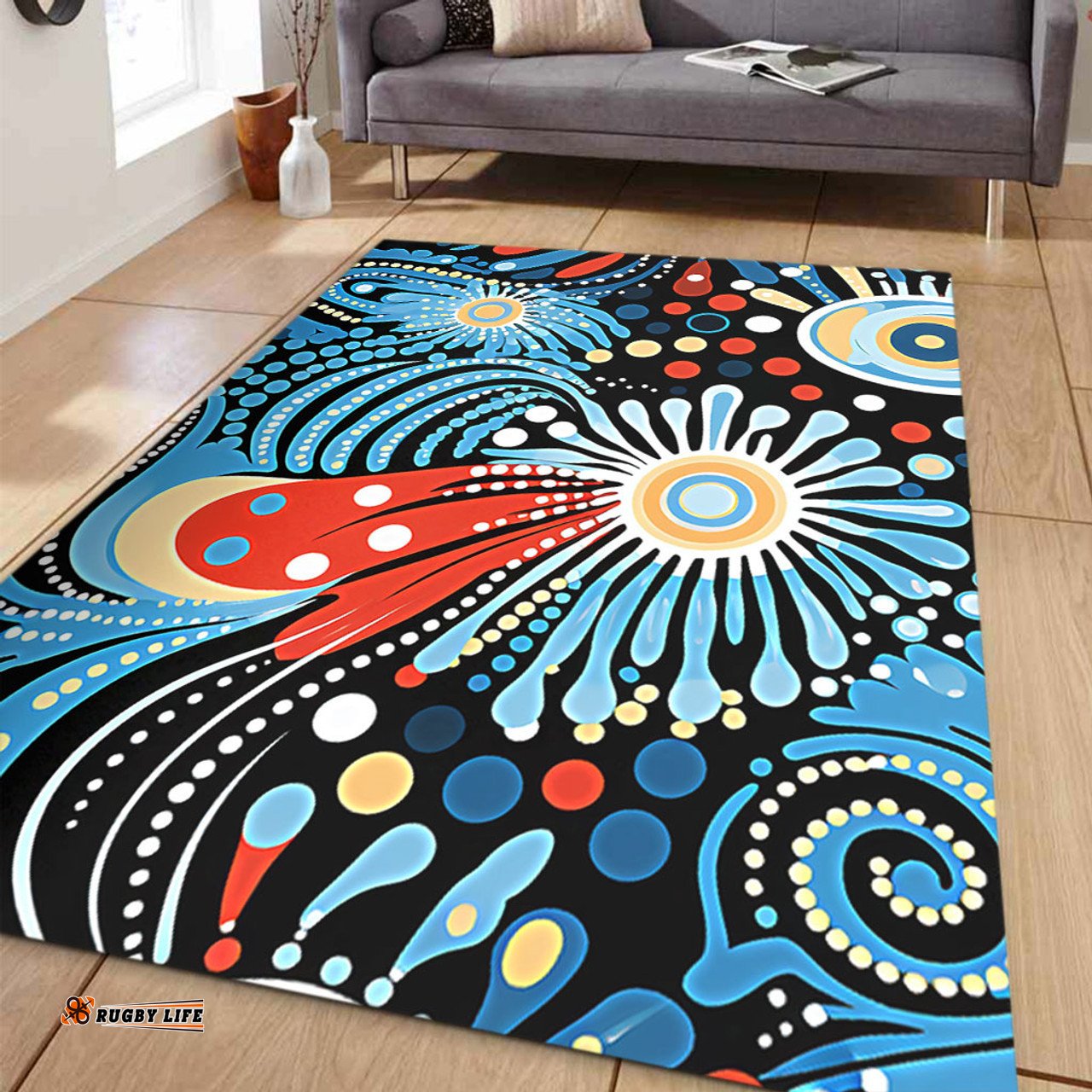 Australia Aboriginal Area Rug - Traditional Australian Aboriginal Native Design (Black) Ver 3 Area Rug