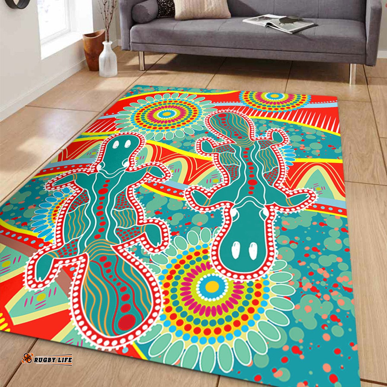 Australia Animals Platypus Aboriginal Area Rug - Green Platypus With Aboriginal Art Dot Painting Patterns Inspired Area Rug