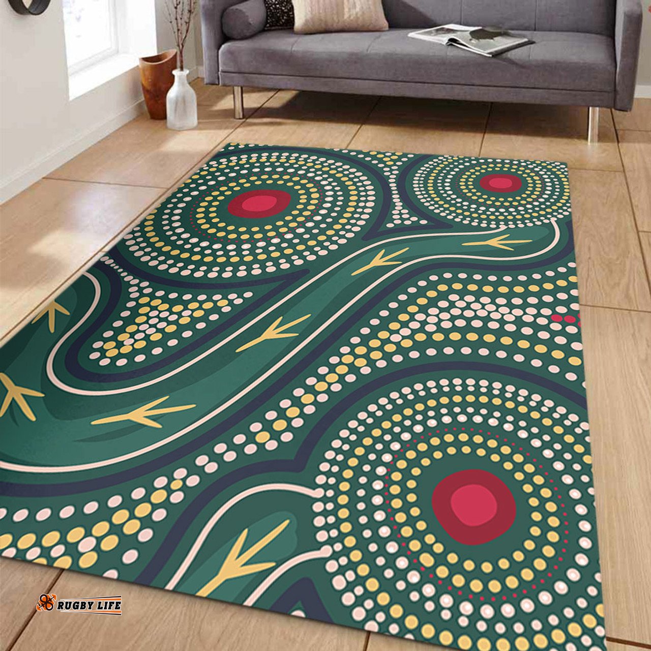 Australia Aboriginal Area Rug - Green Aboriginal Dot Art Style Vector Painting Area Rug