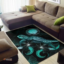 CNMI Polynesian Area Rugs Turtle With Blooming Hibiscus Turquoise