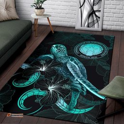 CNMI Polynesian Area Rugs Turtle With Blooming Hibiscus Turquoise