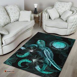 CNMI Polynesian Area Rugs Turtle With Blooming Hibiscus Turquoise