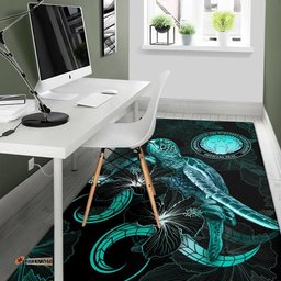 CNMI Polynesian Area Rugs Turtle With Blooming Hibiscus Turquoise