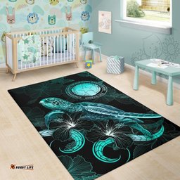 CNMI Polynesian Area Rugs Turtle With Blooming Hibiscus Turquoise