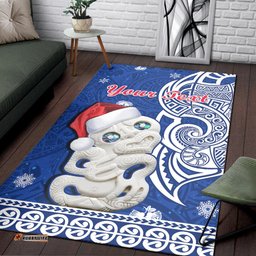 Custom Personalised New Zealand Christmas Area Rug Hei Tiki Blue Pohutukawa Meri Kirihimete