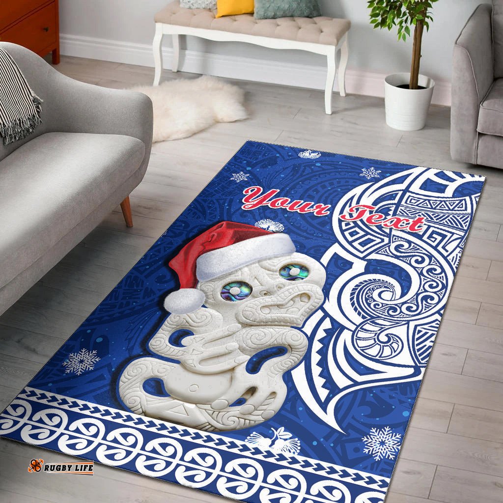 Custom Personalised New Zealand Christmas Area Rug Hei Tiki Blue Pohutukawa Meri Kirihimete