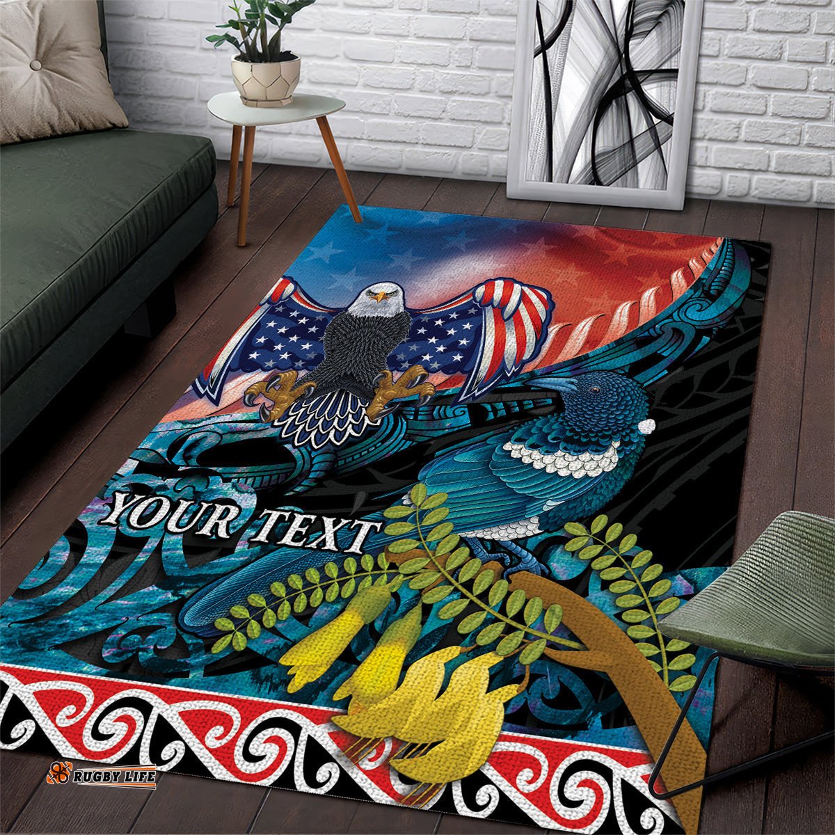Personalised United States And New Zealand Area Rug USA Eagle With Kowhai Aotearoa Tui Bird