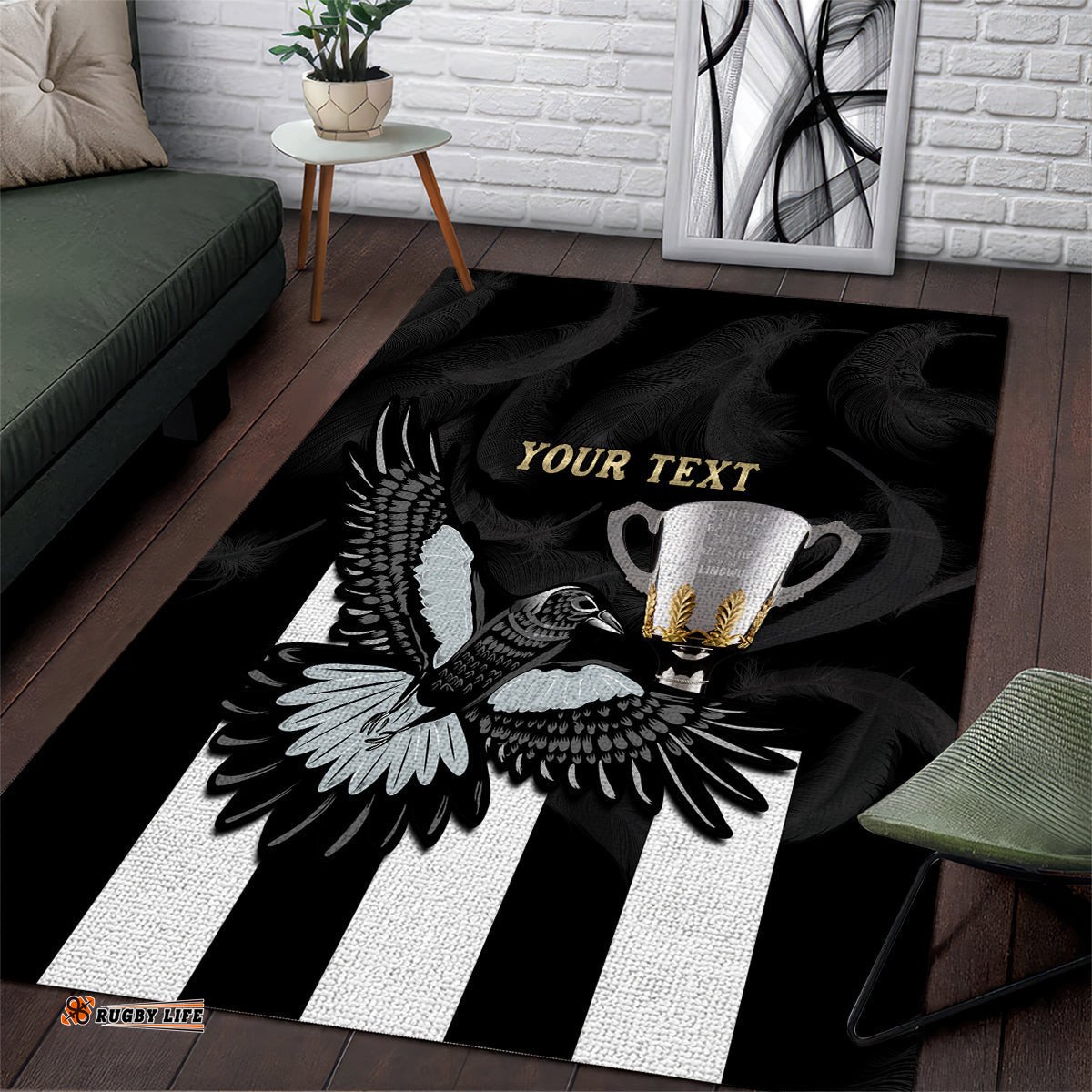 Personalised AFL Collingwood Area Rug Magpies Premiers With Trophy Proud