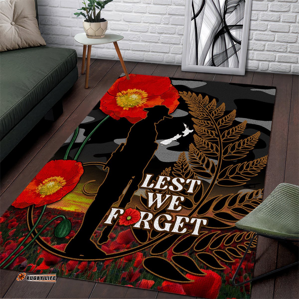 New Zealand ANZAC Day Area Rug Lest We Forget Silver Fern With Camouflage