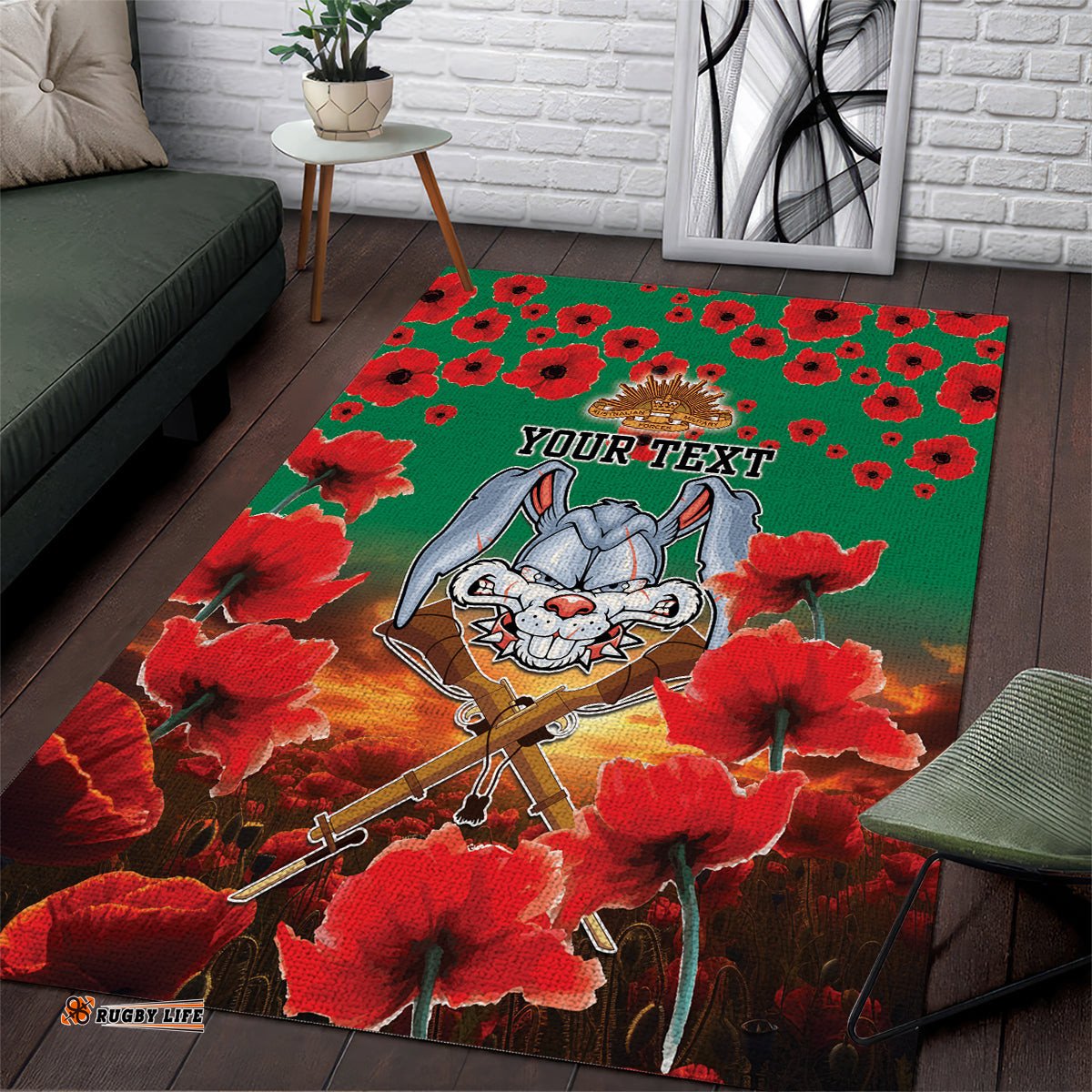 Personalised Rabbitohs Rugby ANZAC Area Rug Starry Night and Field of Poppies