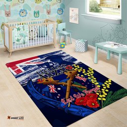 Australia And New Zealand ANZAC Day Area Rug Lest We Forget Silver Fern With Golden Wattle