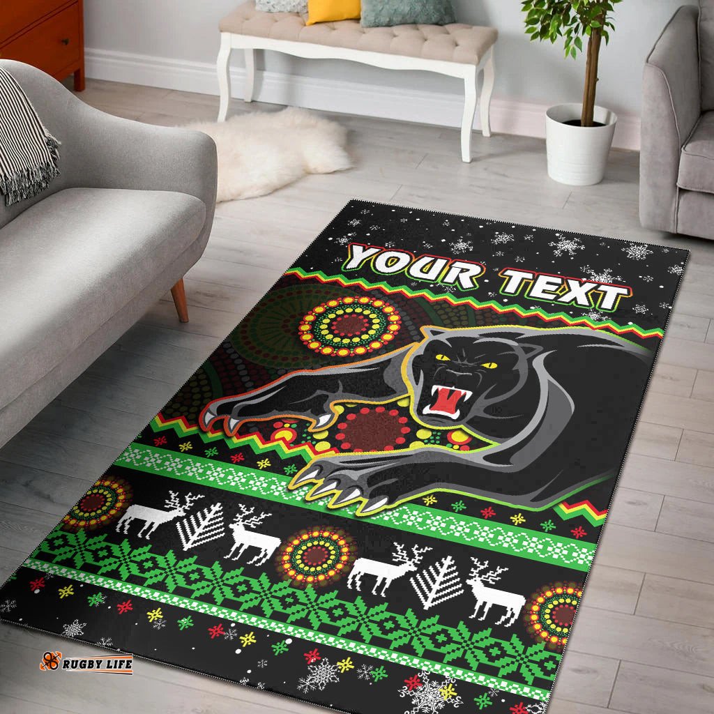 Custom Personalised Panthers Christmas Area Rug Aboriginal Pattern Penrith Black Version