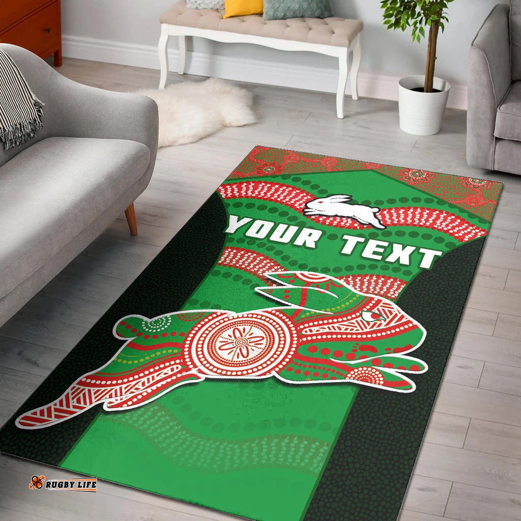 Custom Personalised Rabbitohs Rugby Area Rug Souths 1908 Aboriginal Dot Painting Go Bunnies