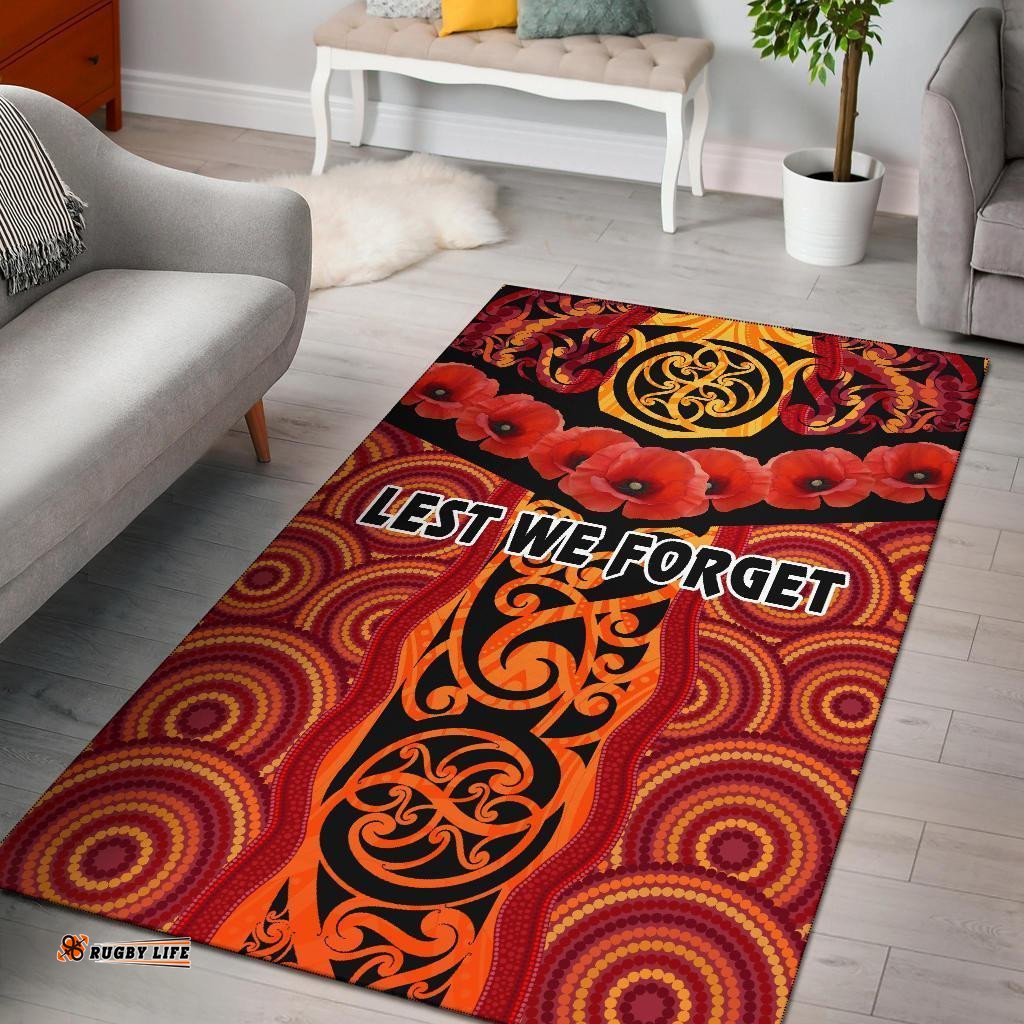 ANZAC Lest We Forget Poppy Area Rug New Zealand Maori Silver Fern Australia Aboriginal