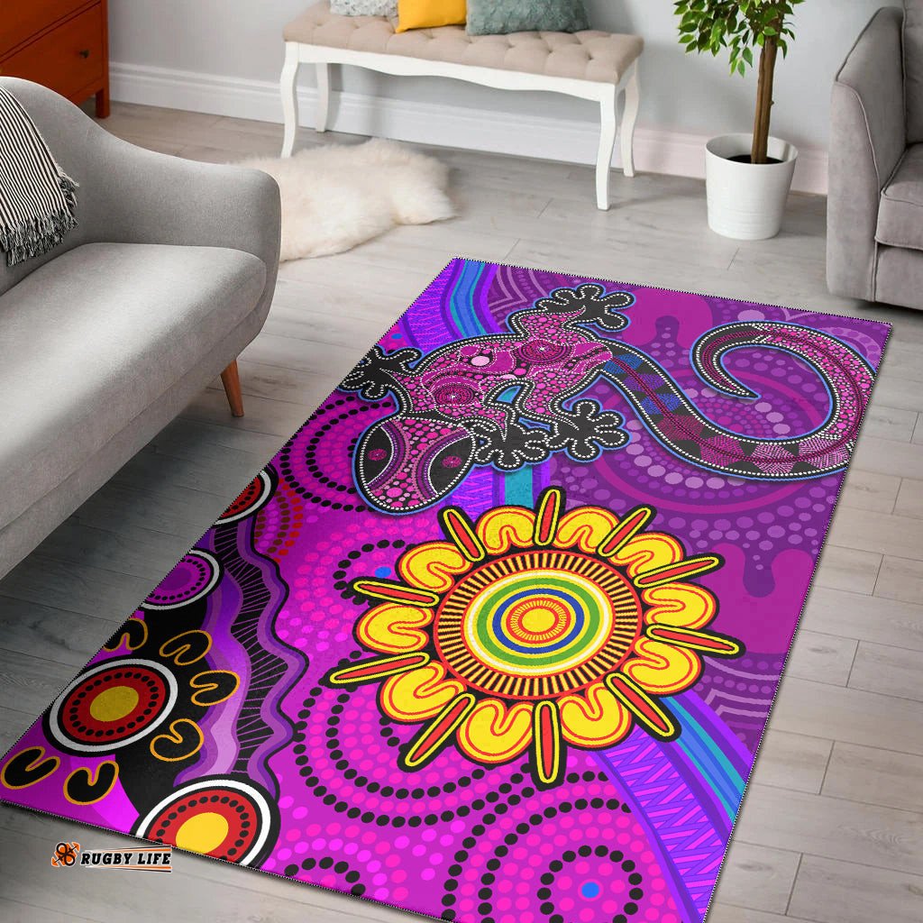 australia lizard and sun area rug aboriginal art purple tee aussie