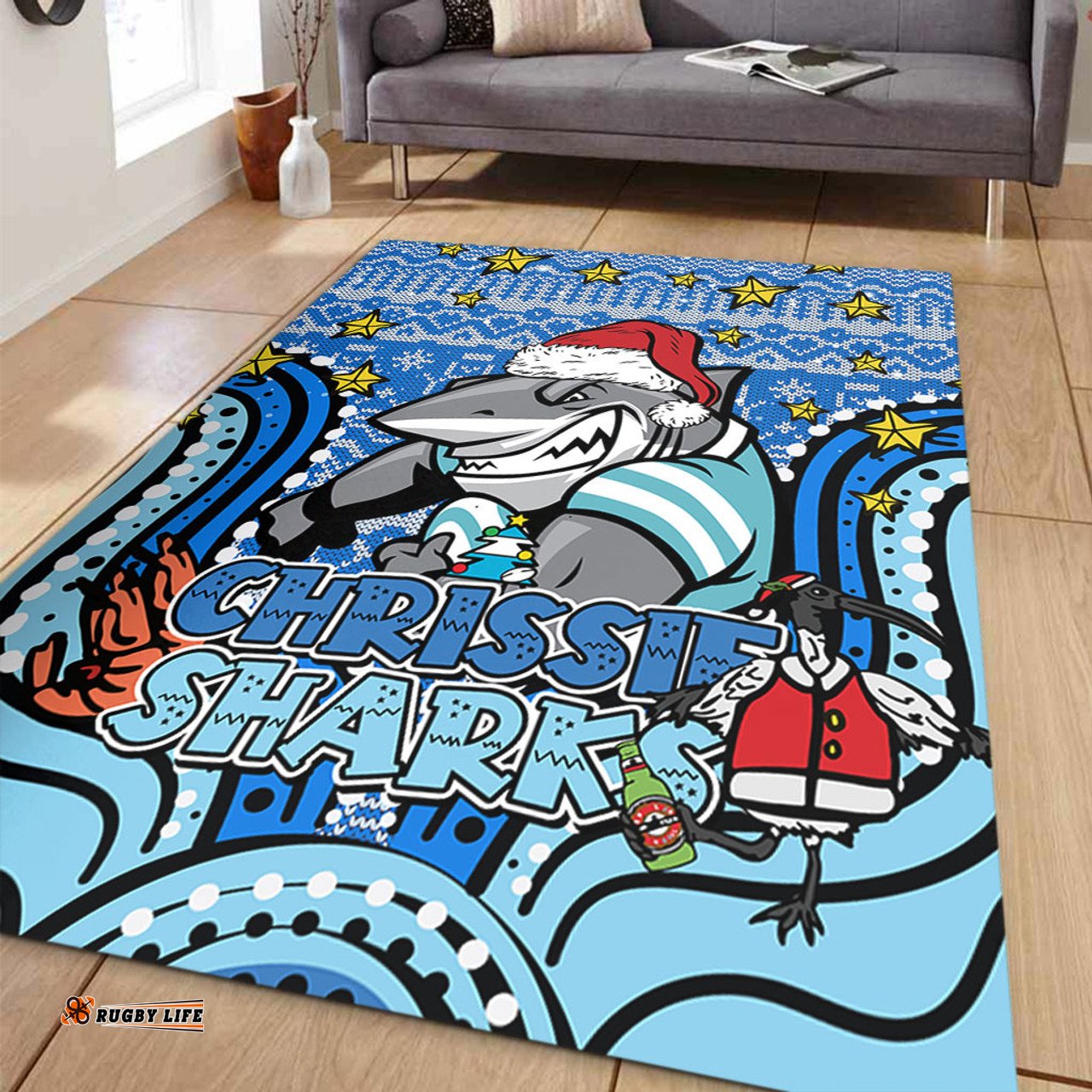Cronulla-Sutherland Sharks Christmas Custom Area Rug - Christmas Knit Patterns Vintage Jersey Ugly Area Rug