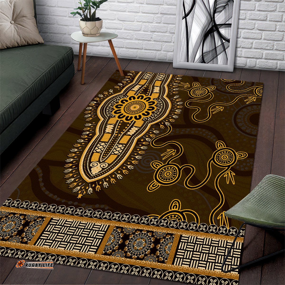 Gold African Dashiki With Australia Aboriginal Art Area Rug