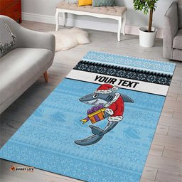NRL Cronulla Sutherland Christmas Personalised Area Rug with Sharkies Santa