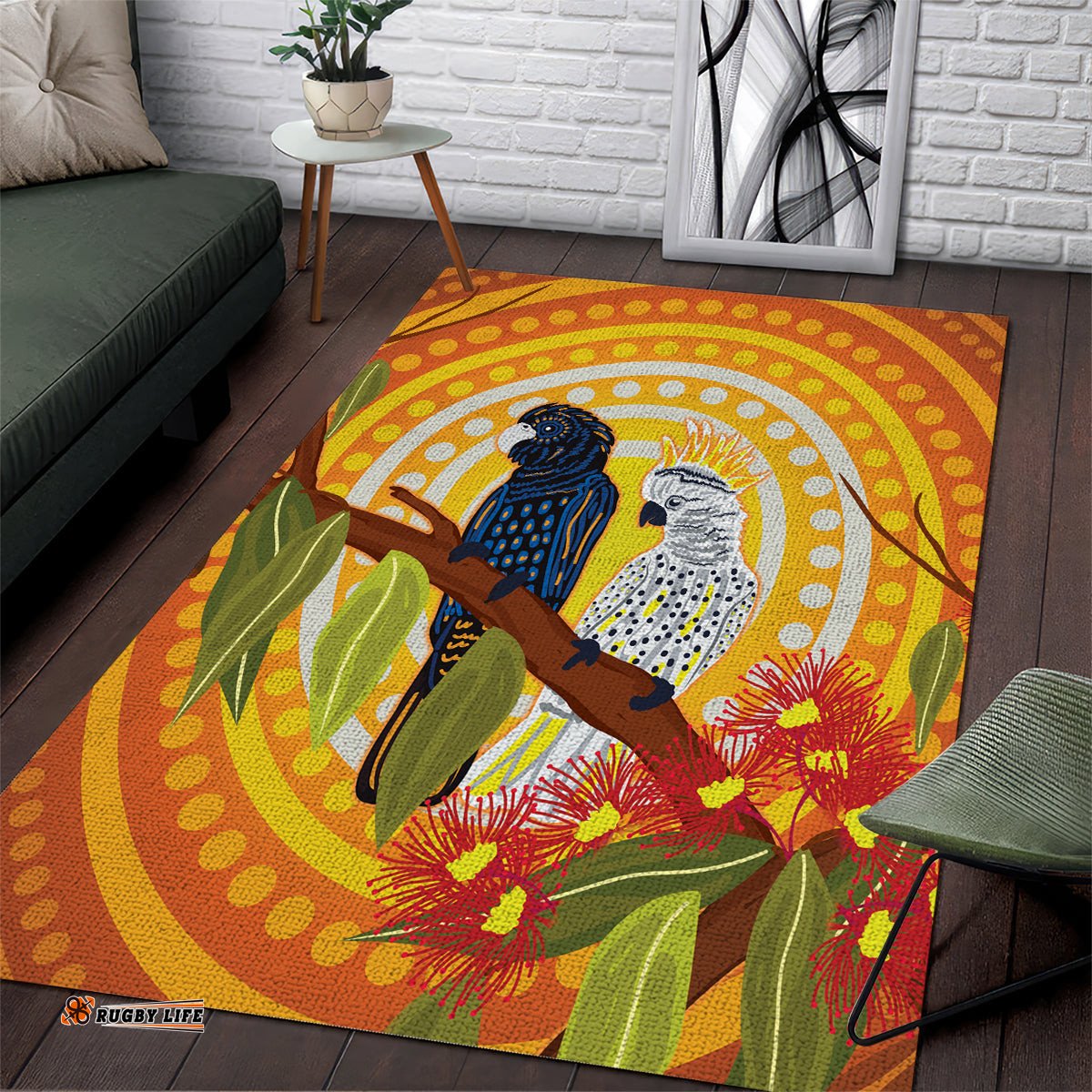 Black and White Cockatoo Birds Aboriginal Art Area Rug
