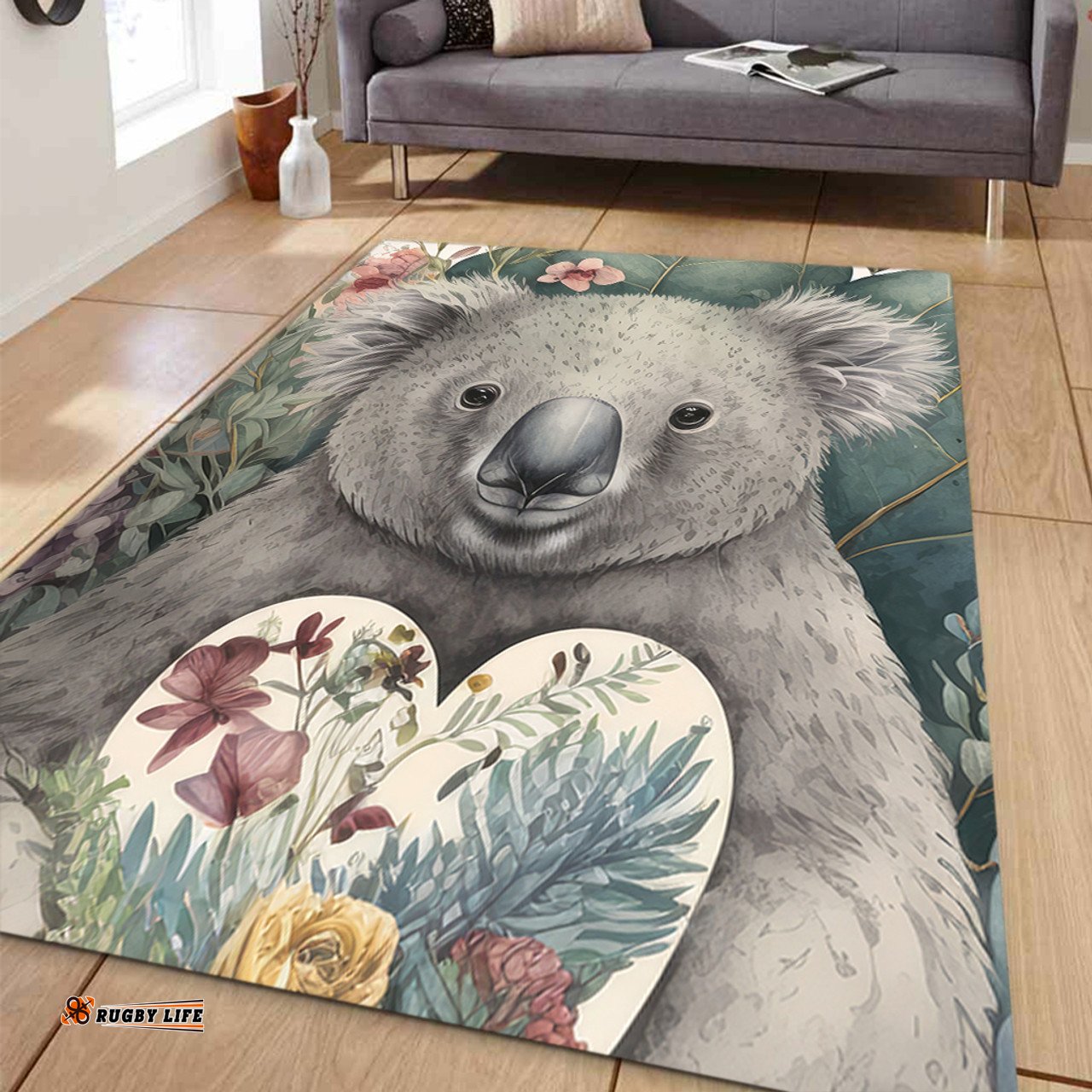 Australia Koala Area Rug -  Koala Holding A Heart Adorned With Flowers Area Rug