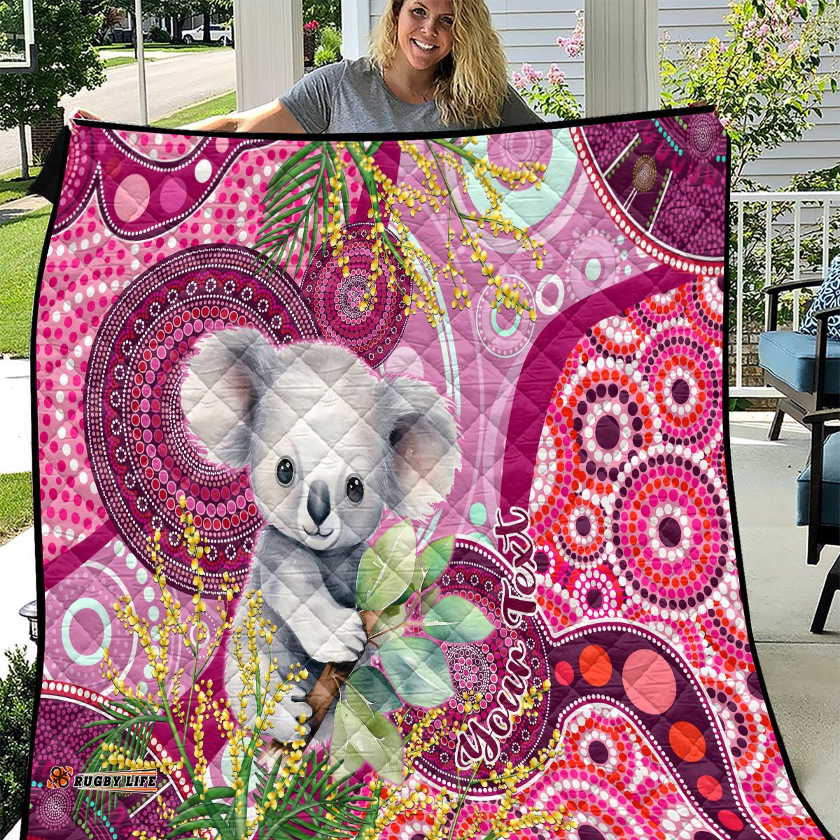 personalised australia quilt cute koala with golden wattle indigenous art