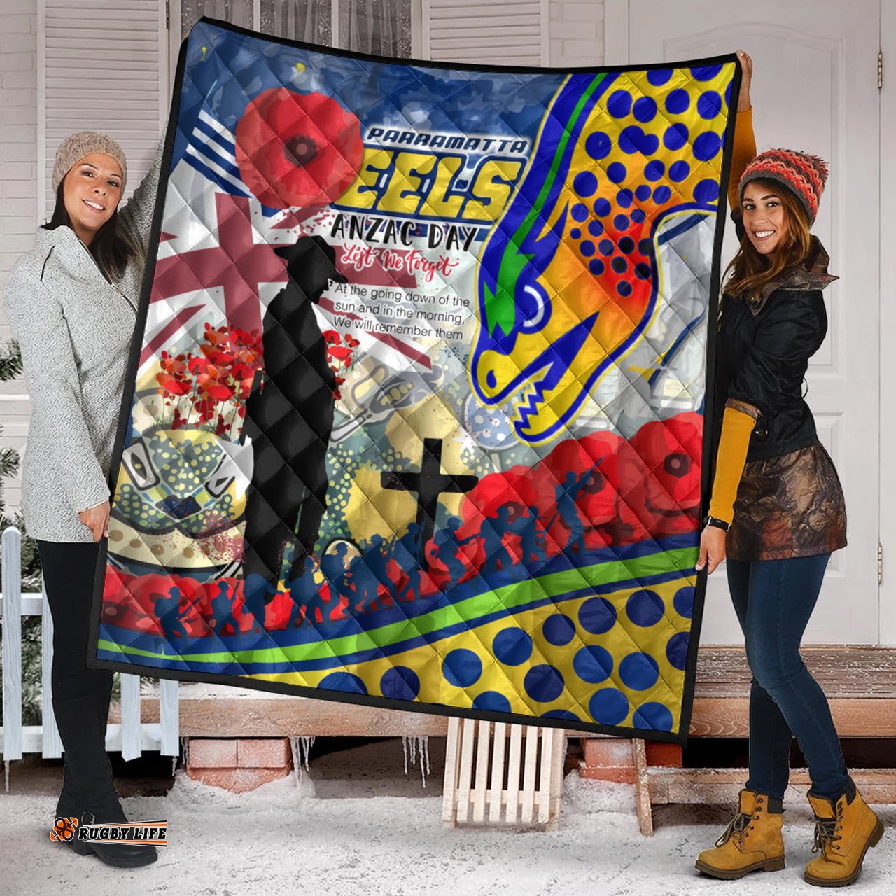 eels rugby australia anzac day lest we forget custom quilt remembrance eels with anzac poppy watercolour style