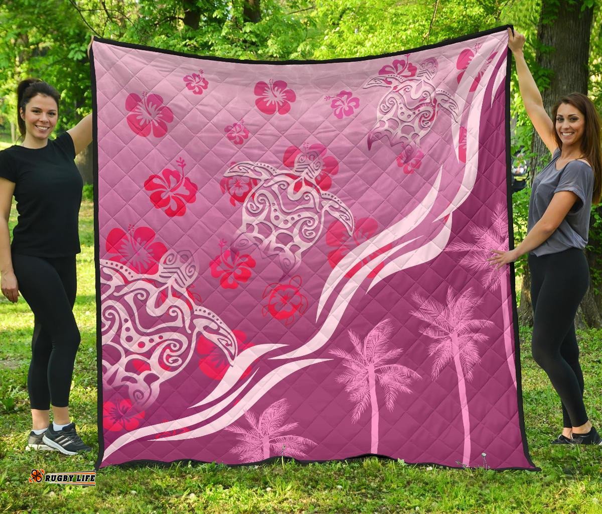 pink turtle hibiscus premium quilt