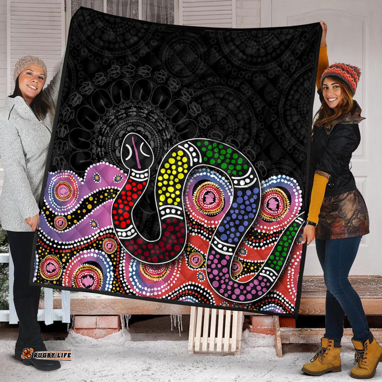 Australia Rainbow Serpent Aboriginal Quilt - Dreamtime Rainbow Serpent Featuring Dot Style Quilt