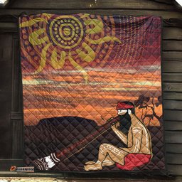Australia Aboriginal Inspired Quilt - Man Playing A Didgeridoo With Uluru Sunset