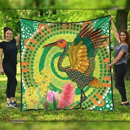 Australia Aboriginal Quilt - Brolga Bird Dancing With Australia Native Flowers V2 Quilt