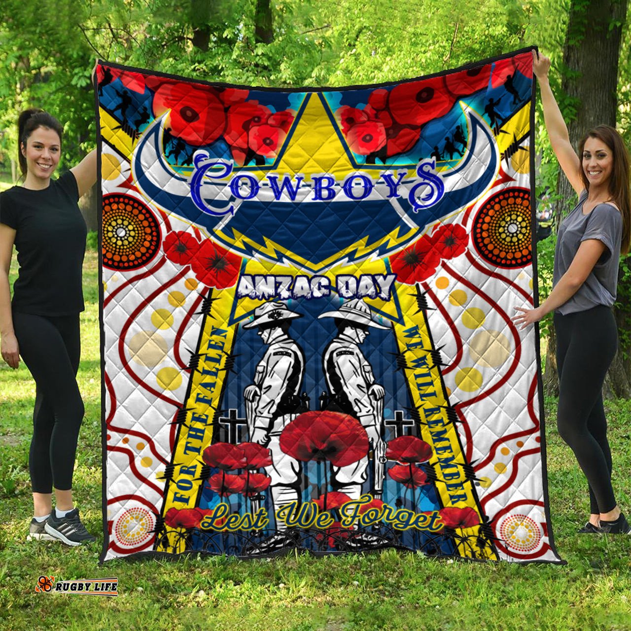 cowboys anzac day watercolour rugby quilt custom remembrance cowboys with poppy flower