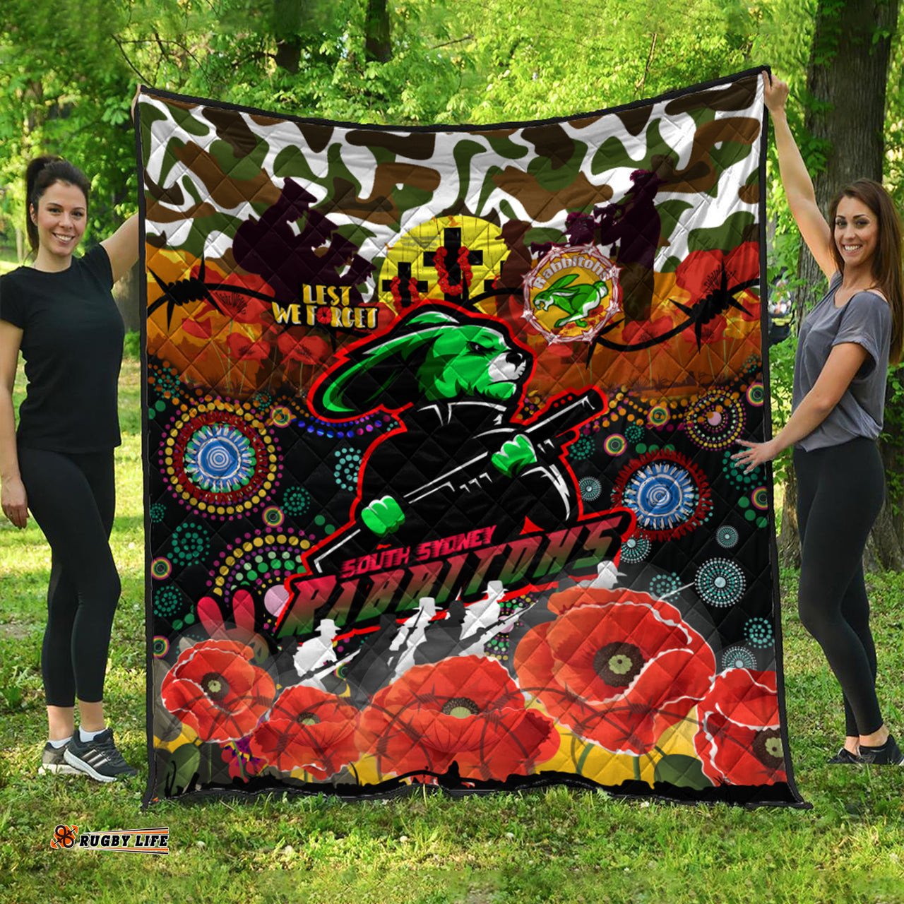 rabbitohs rugby custom camouflage anzac poppy quilt souths anzac lest we forget spirit