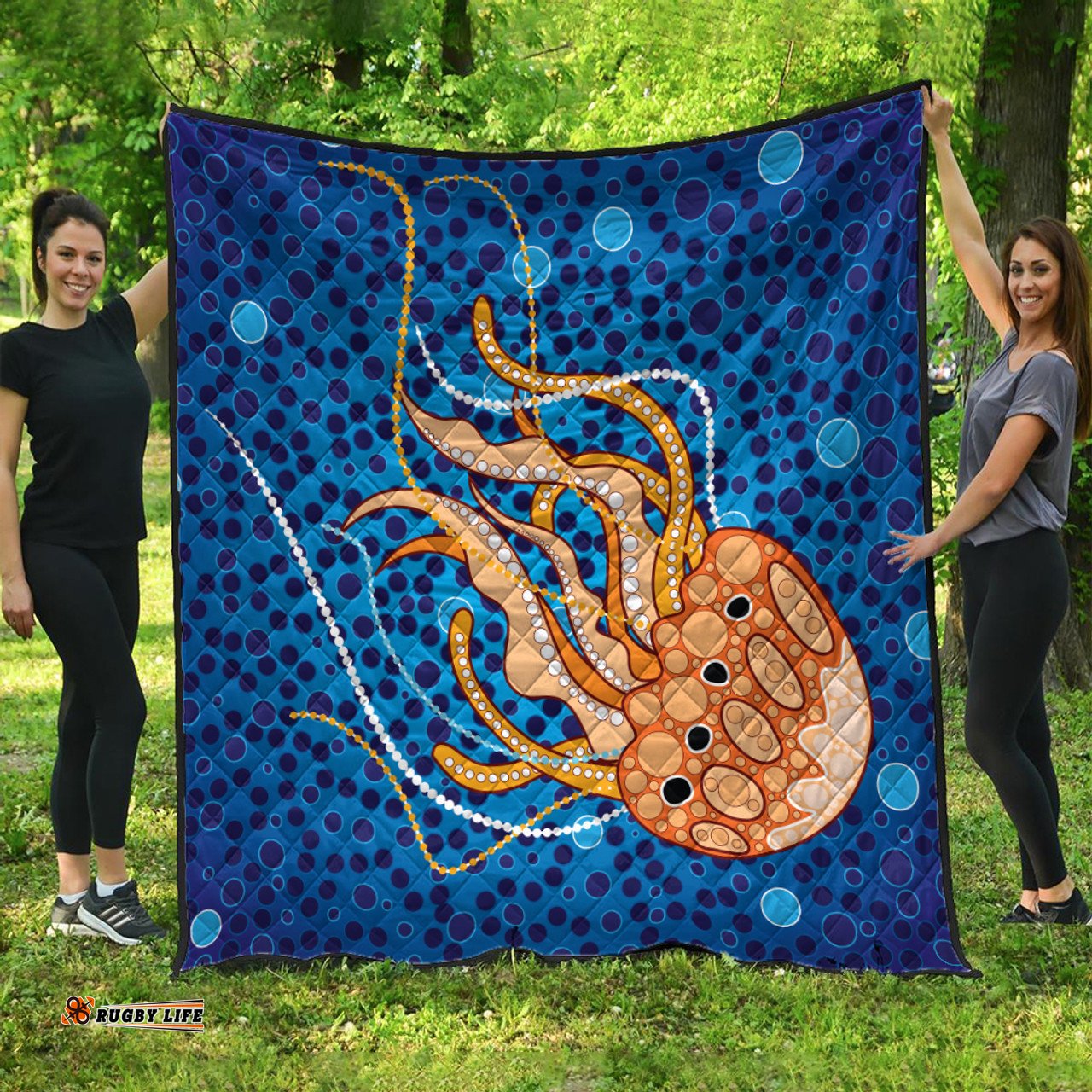 Australia Aboriginal Inspired Quilt - Aboriginal Art Vector Background Depicting Jellyfish Quilt