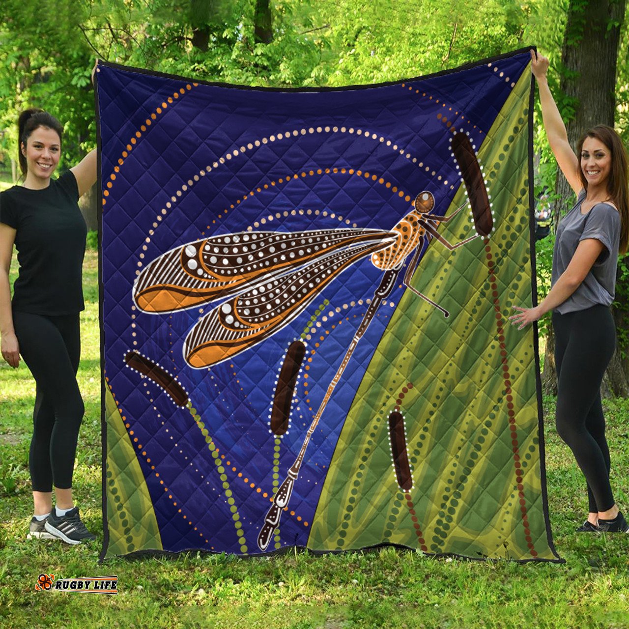 Australia Aboriginal Inspired Quilt - Dragonfly On Cattails Aboriginal Style Art Quilt