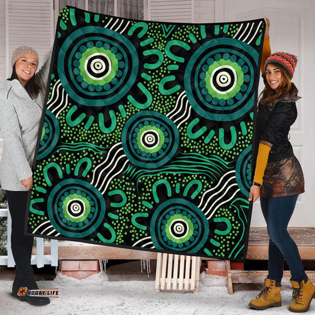 Australia Aboriginal Quilt - Green Aboriginal Dot Art Background Quilt