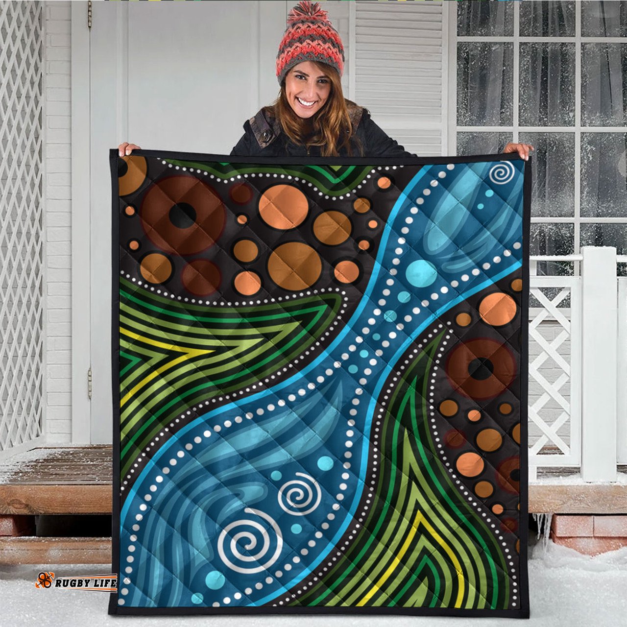 Australia Aboriginal Inspired Quilt - Aboriginal Landscape Illustration of forest, river and land
