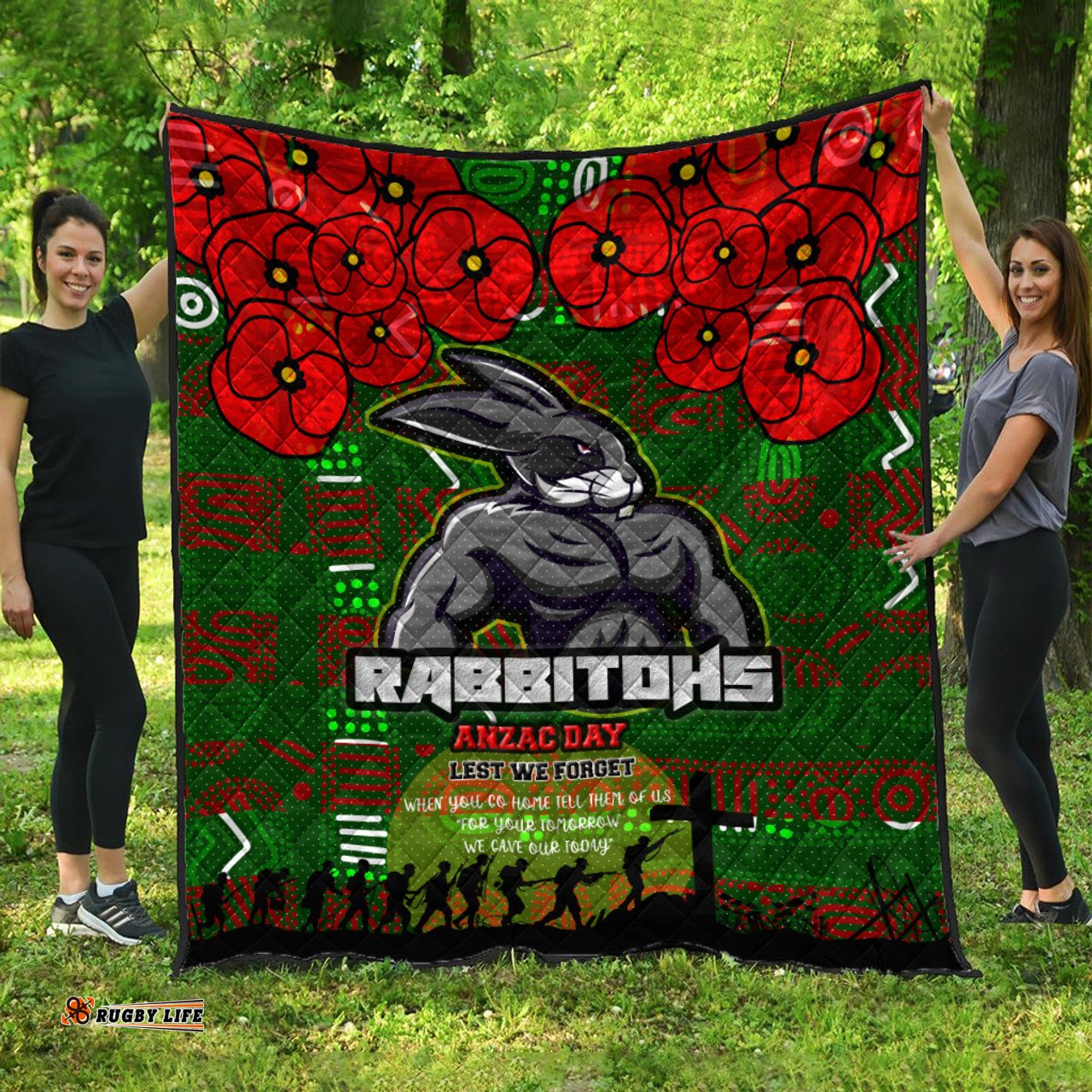 Australia Rabbitohs Quilt - Aboriginal InspiredAustralia Rabbitohs Anzac '' Lest We Forget '' With Poppy Flower Quilt