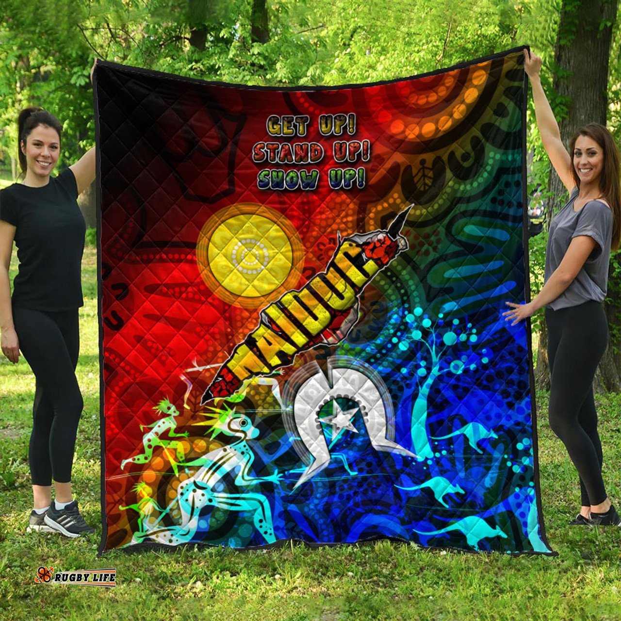 Australia Naidoc Week Quilt - Naidoc Aboriginal Inspired Dot Art Painting With Hunting "Get up, Stand up, Show up," Quilt