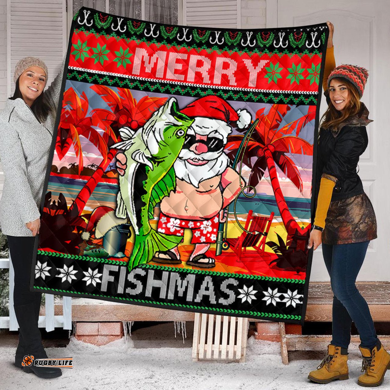 Australia Christmas Fishing Quilt - Merrry Fishmas Angler Santa Claus Quilt
