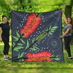 Australia Flowers Aboriginal Quilt - Red Bottle Brush Tree Depicted In Aboriginal Style Quilt