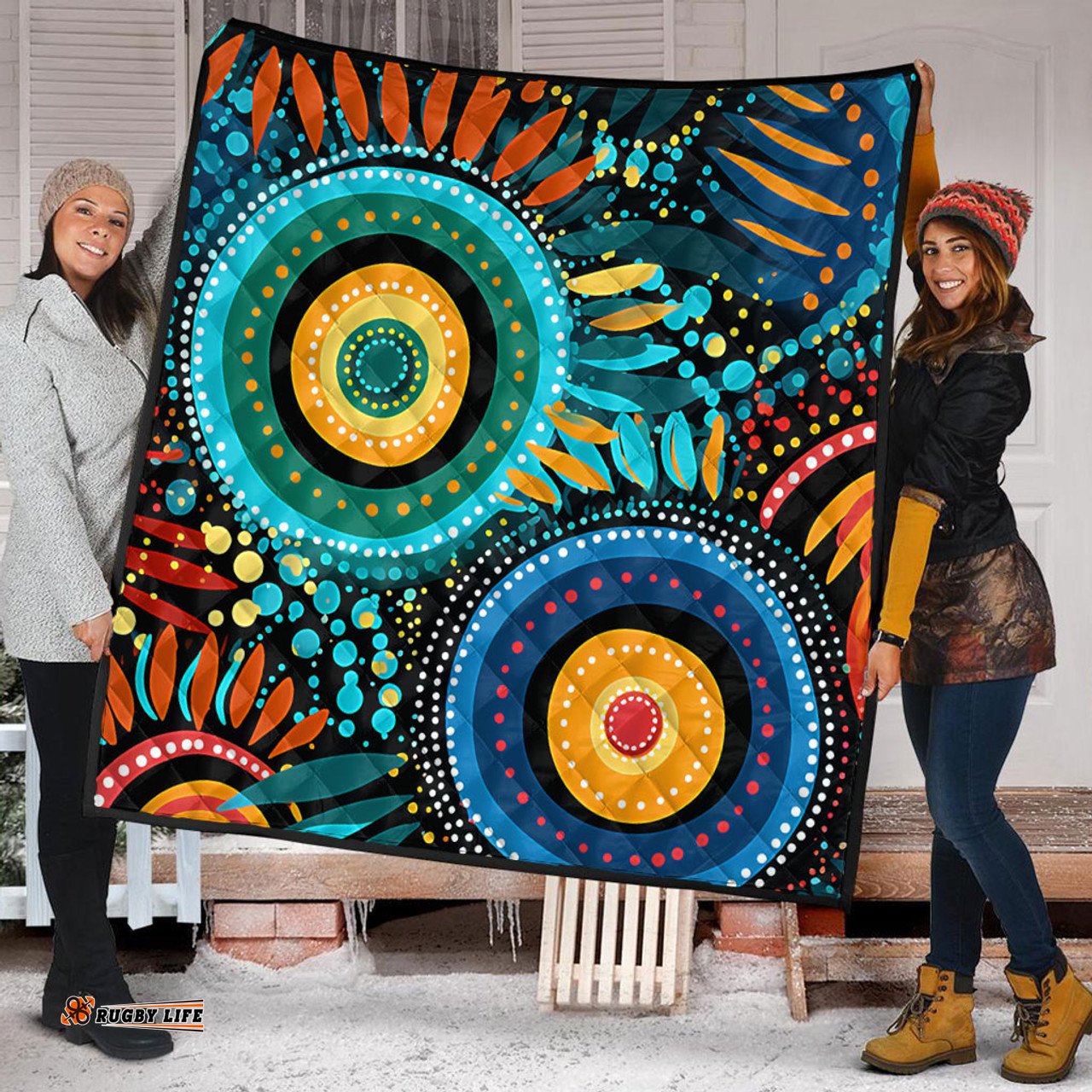 Australia Aboriginal Quilt - Traditional Australian Aboriginal Native Design (Black) Ver 4 Quilt
